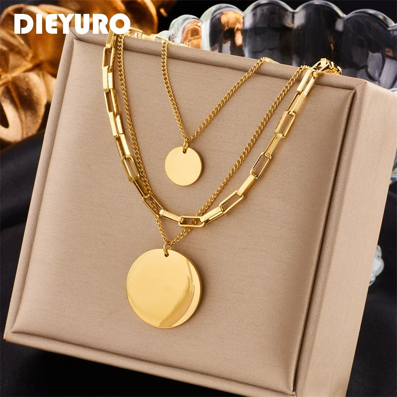 DIEYURO 316L Edelstahl Gold Farbe 3in1 Runde Anhänger Halskette Für Frauen Mode Mädchen Multilayer Kette Hals Schmuck Geschenk