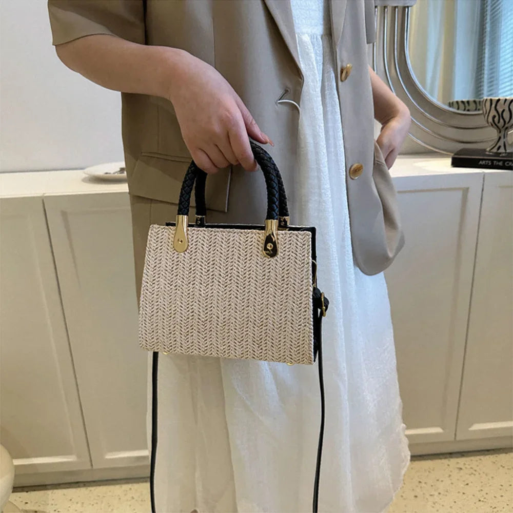 Modische, minimalistische, gewebte Handtasche, einfarbige Umhängetasche aus Strohgeflecht, vielseitige, lässige kleine quadratische Tasche