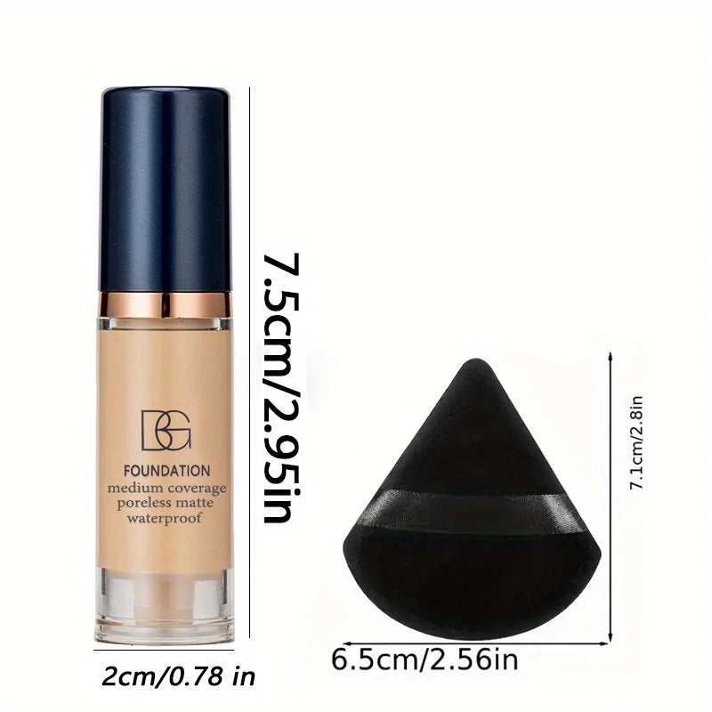 2 Stück wasserdichte flüssige Foundation mit vollständiger Abdeckung und schwarzer dreieckiger Puderquaste, langlebig, mattes Finish, dunkler Kreis und Blemish-Abdeckung