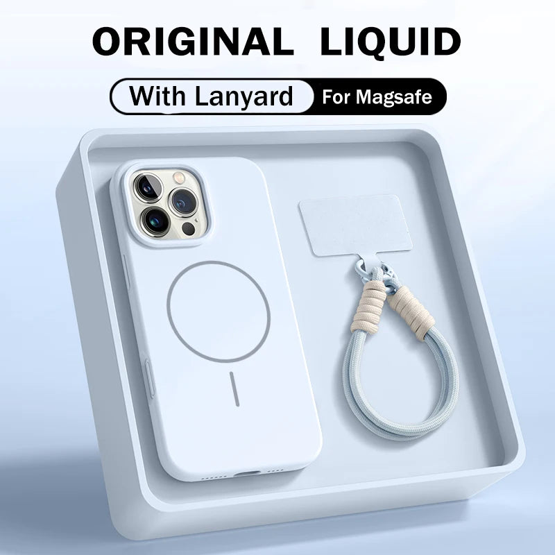 Offizielle Flüssigsilikon-Lanyard-Schutzhülle für iPhone 17, Air 16, 16E, 14, 15 Plus 12, 13, 11 Pro Max, für Magsafe Magneitc Soft Cover