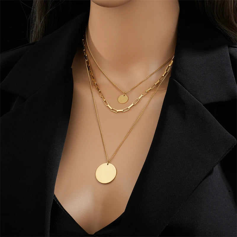 DIEYURO 316L Edelstahl Gold Farbe 3in1 Runde Anhänger Halskette Für Frauen Mode Mädchen Multilayer Kette Hals Schmuck Geschenk