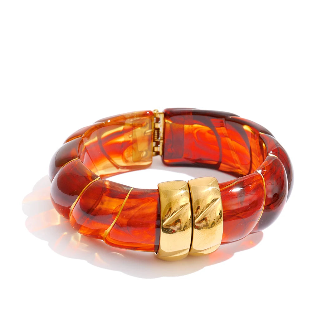 Yhpup Exklusives mehrfarbiges Acrylharz, breites Statement-Armband, Armreif, Edelstahl, Herbst-Winter-Pullover, Handgelenkschmuck