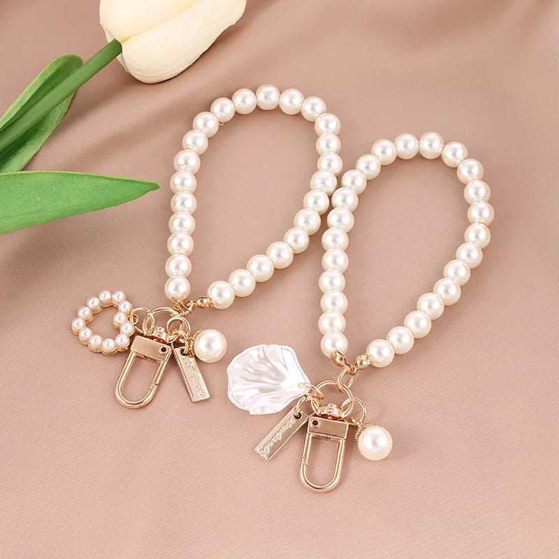1PC Nette Shell Herz Bogen Imitation Perle Perlen Kette Anhänger Telefon Schlüsselbund Imitation Perle Tasche Schlüssel Kette