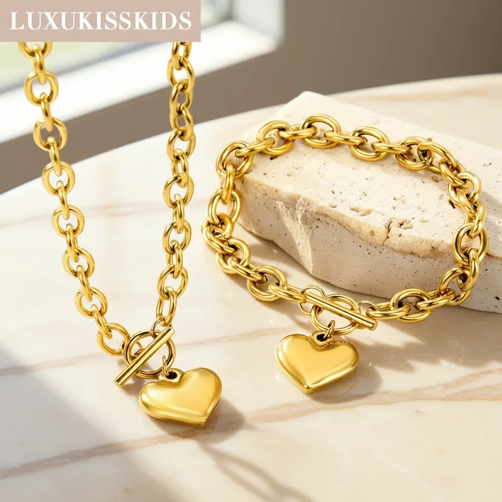 LUXUKISSKIDS Mode Kubische Liebe Herz Minimalistischen Schmuck Set Halskette Ohrringe Armbänder Edelstahl Frauen/Mädchen Zubehör