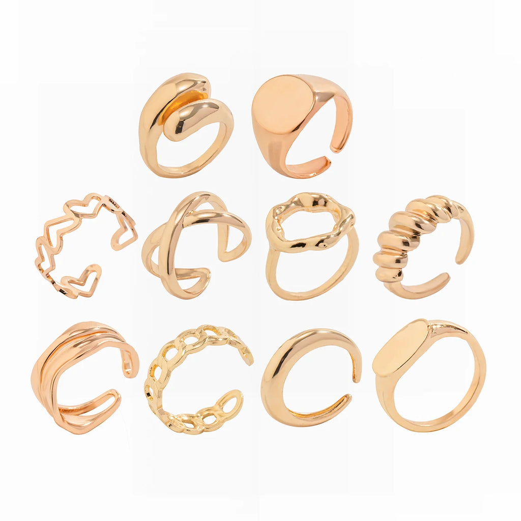 Salircon 10 Stück Bohemian Unregelmäßiger geometrischer Metallring Vintage Offener verstellbarer breiter Ring Damen Ästhetischer Bankettschmuck Geschenk
