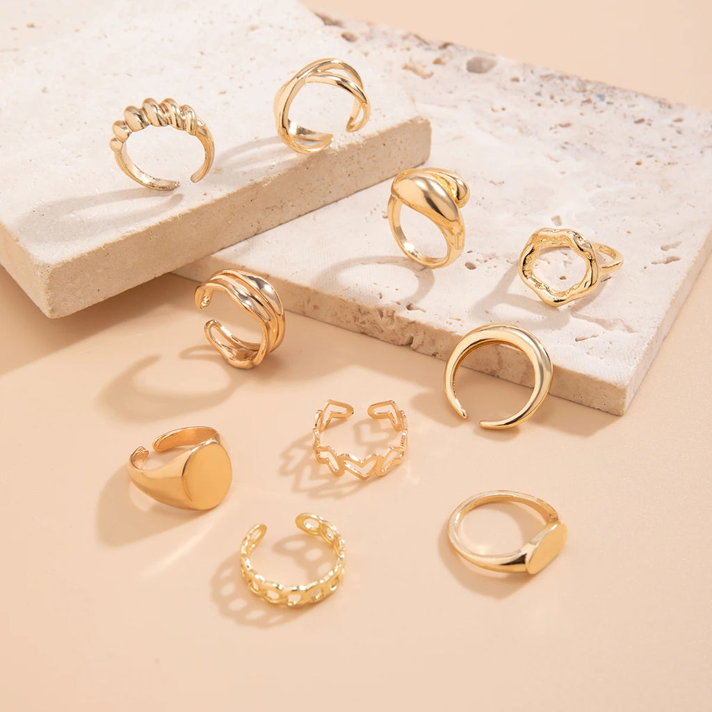 Salircon 10 Stück Bohemian Unregelmäßiger geometrischer Metallring Vintage Offener verstellbarer breiter Ring Damen Ästhetischer Bankettschmuck Geschenk