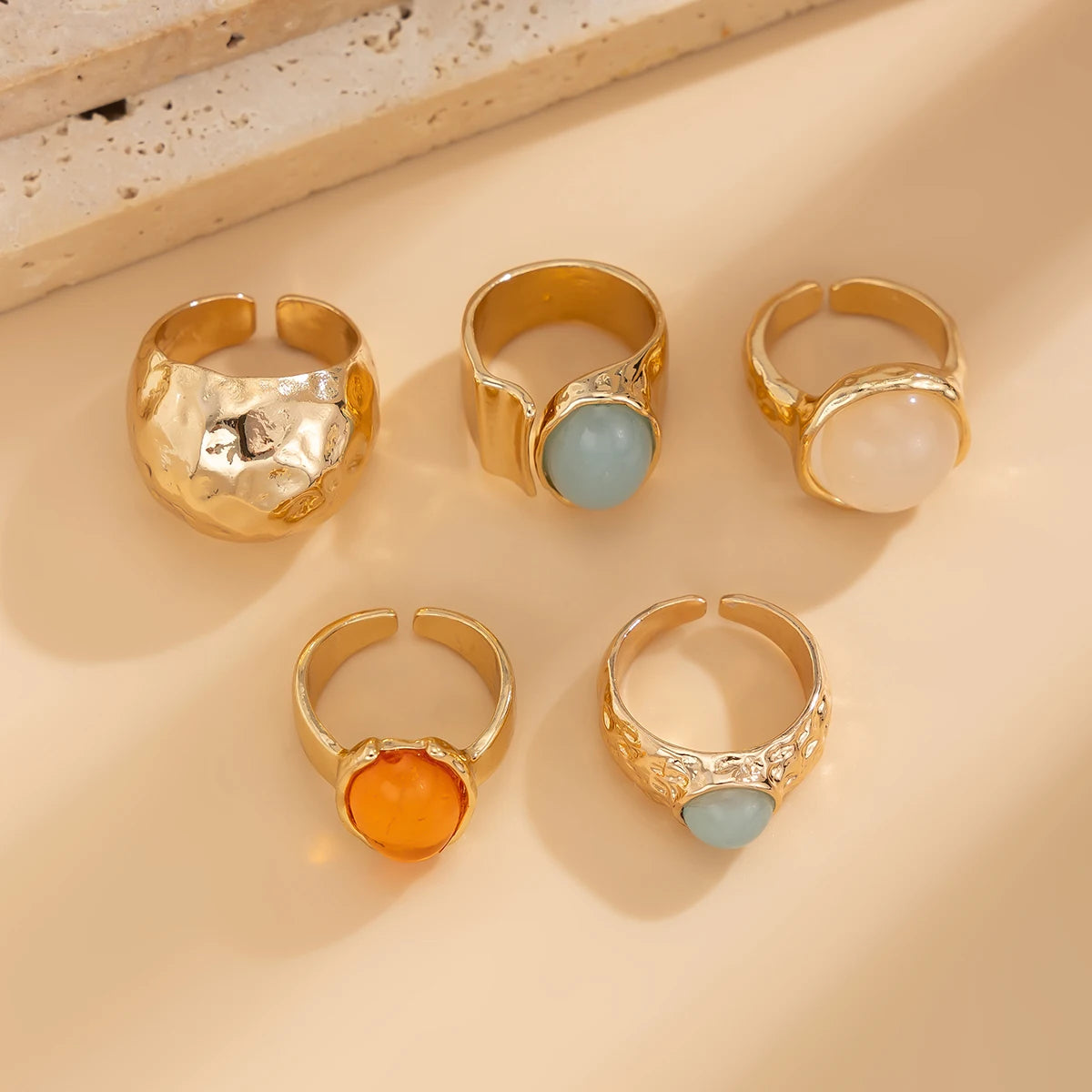 Vintage Boho Ring-Set (5-teilig) – Offene Metallringe mit Acryl