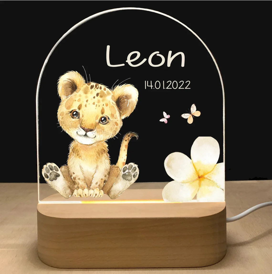 Personalisierbares Baby Nachtlicht mit USB & Holzbasis