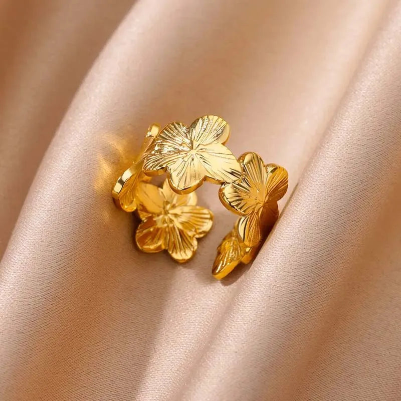 Elegante Edelstahl-Ringe mit großer Blüte für Frauen, 18 Karat Gold, PVD-beschichtet, offener Ring, Fingerschmuck, Hochzeit, ihr Geschenk, Punk