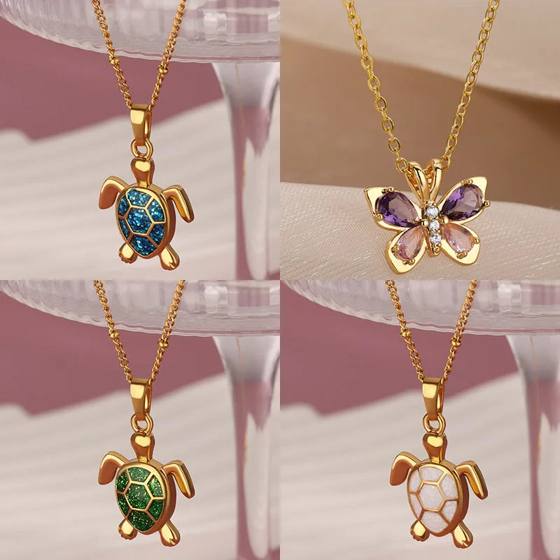 Farbige Schildkröten-Halskette aus Edelstahl – Sommerliche Perlenkette mit Tieranhänger für Damen & Unisex | Strand Schmuck Vintage Stil