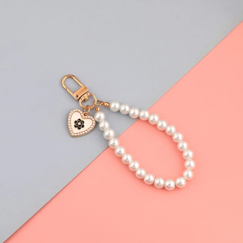 1PC Nette Shell Herz Bogen Imitation Perle Perlen Kette Anhänger Telefon Schlüsselbund Imitation Perle Tasche Schlüssel Kette
