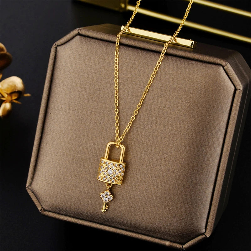 Luxus Zirkon Kristall Lock Schlüssel Anhänger Edelstahl Halsketten Für Frauen Sexy Party Hals Kette Schmuck