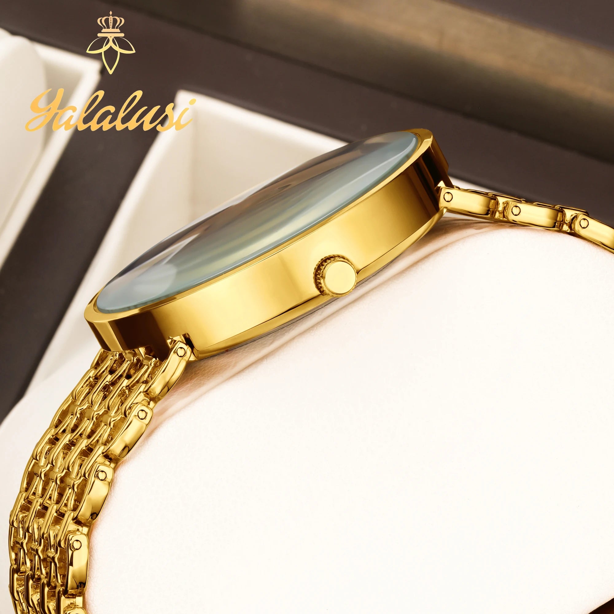 YaLaLuSi Damen-Quarzuhr Gold Luxus-Aktion Skelett-Armband-Design Box-Uhr Vergoldet