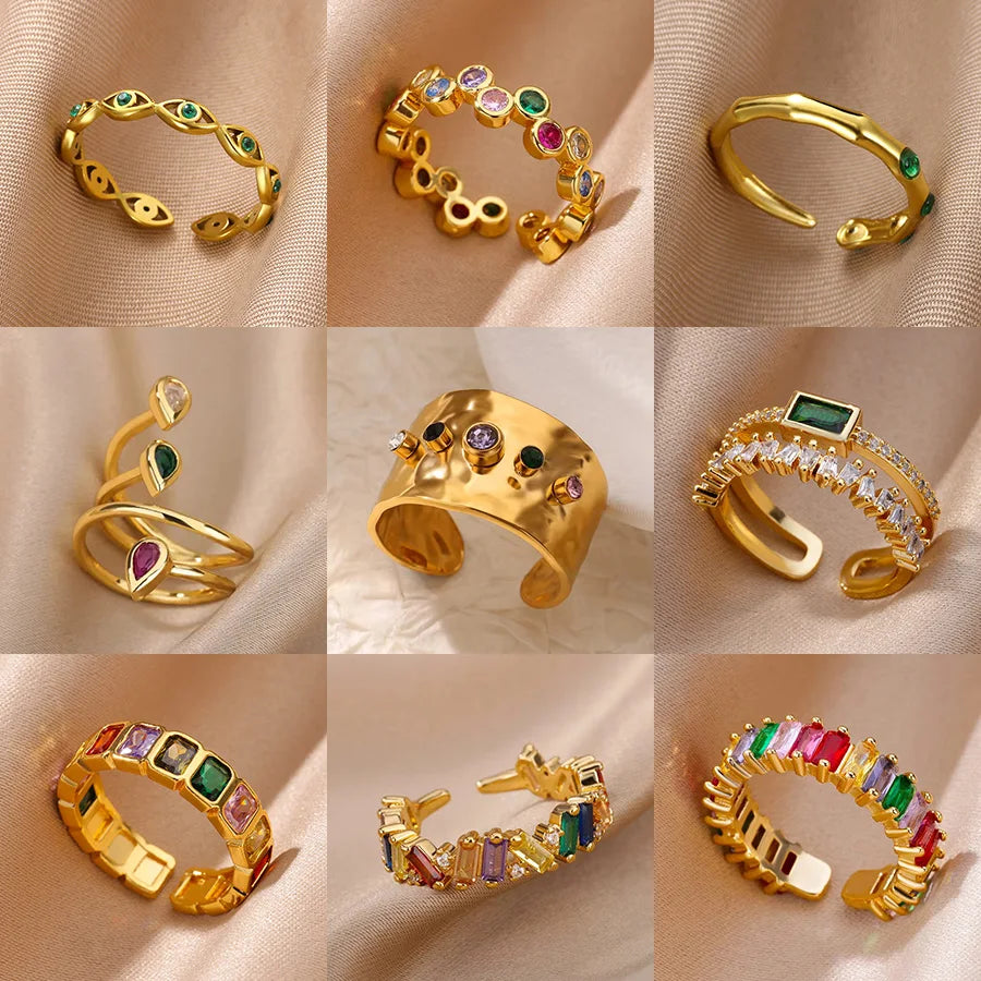 Bunte Zirkon Ringe Für Frauen Gold Farbe Edelstahl Farbige Zirkonia Ring Luxus Mode Hochzeit Schmuck Geschenk