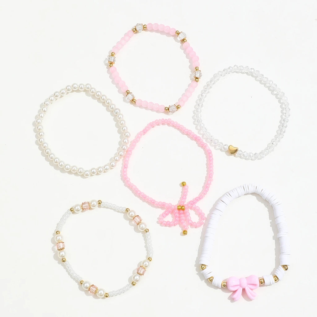 6 Teile/satz Europäischen und Amerikanischen Nette Perle Liebe Perlen Bogen Armbänder Set Für Frauen Einfache Design Süße Schmuck Geschenke