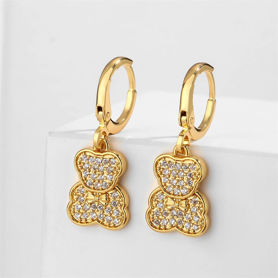 ZAKOL Glänzende Zirkon Teddybär Charm Tropfen Creolen für Frauen Mädchen Geometrische Chinesischen Stil Ohr Zubehör Schmuck Geschenk