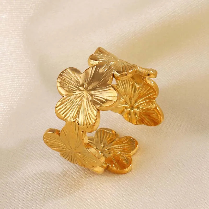 Elegante Edelstahl-Ringe mit großer Blüte für Frauen, 18 Karat Gold, PVD-beschichtet, offener Ring, Fingerschmuck, Hochzeit, ihr Geschenk, Punk