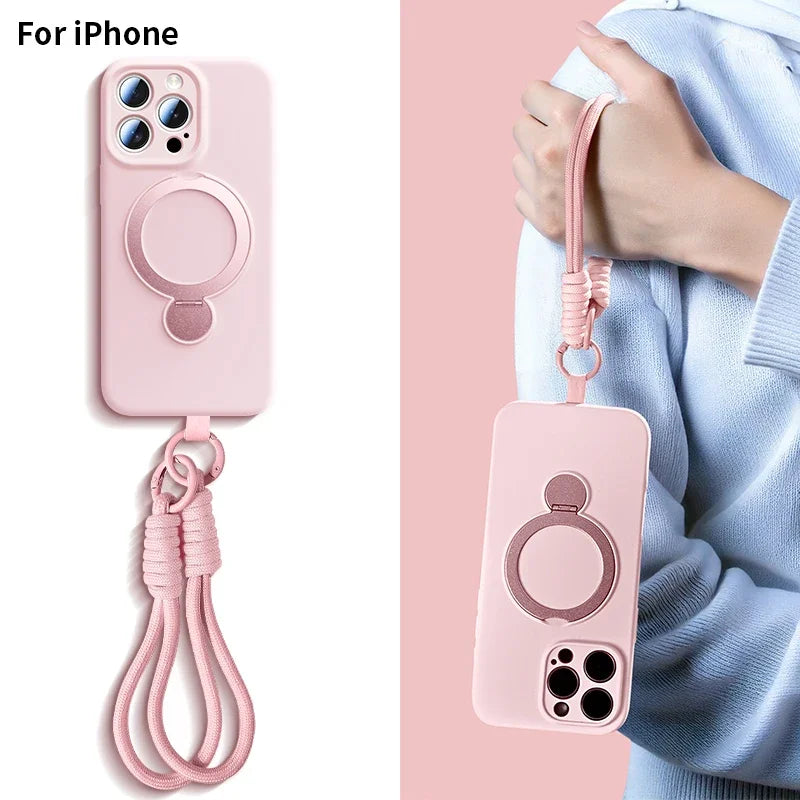 Magnetische Halterung, flüssige Silikon-Handyhülle für iPhone 16, 17, Air 15, 14, 13, Pro Max, Magsafe mit hängender Seil-Schutzhülle