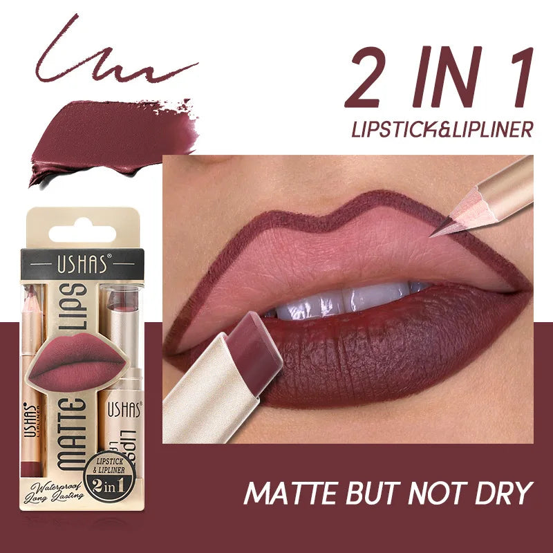 USHAS 12-Farben-Lipliner + Lippenstift-Set, leicht färbender, mattierter Lippenstift, langlebiger nackroter Lippenstift