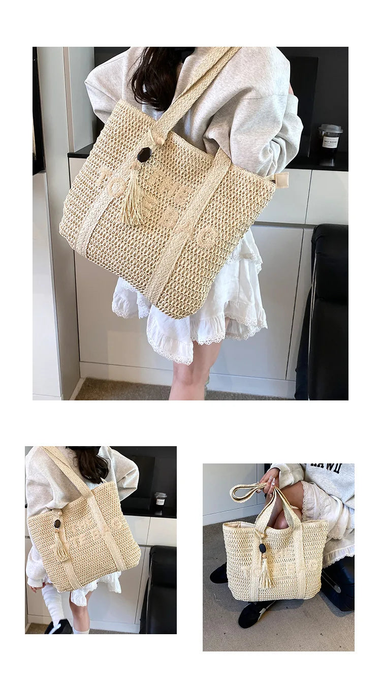 Französischer Stil, große Kapazität, gewebte Strohtasche für Damen, neue Strandurlaub-Umhängetasche, lässige Pendler-Einkaufstasche, Geldbörse