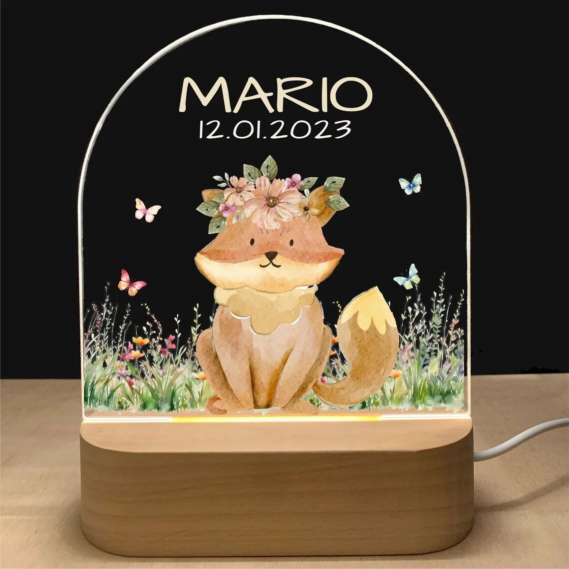 Personalisierbares Baby Nachtlicht mit USB & Holzbasis
