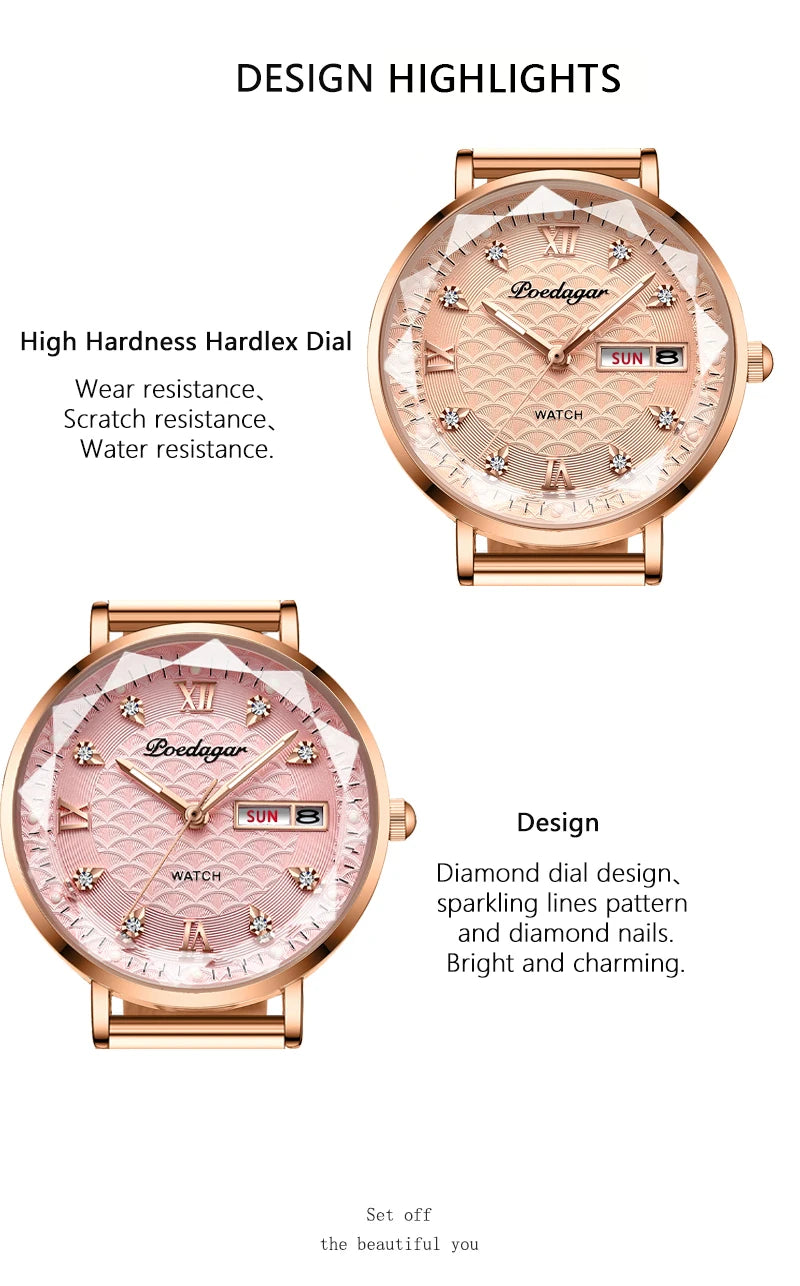 POEDAGAR Frauen Uhr Neue Mode Luxus Edelstahl Armbanduhr Armband Einfache Rose Gold Wasserdicht Leucht Damen Uhren