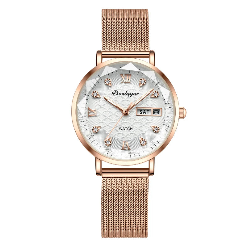 POEDAGAR Frauen Uhr Neue Mode Luxus Edelstahl Armbanduhr Armband Einfache Rose Gold Wasserdicht Leucht Damen Uhren