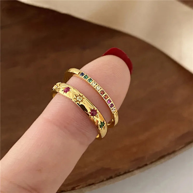 2 Teile/satz Edelstahl Regenbogen Farbe Kubikzircon Stein Finger Ringe für Frauen INS Gold Farbe Wasserdicht Sterne Ring Schmuck