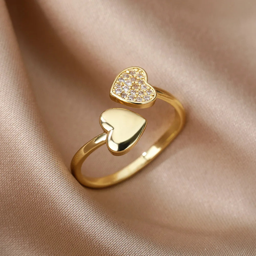 Goldener Herzring aus Edelstahl mit Zirkon – 18K vergoldet, Ehering für Frauen