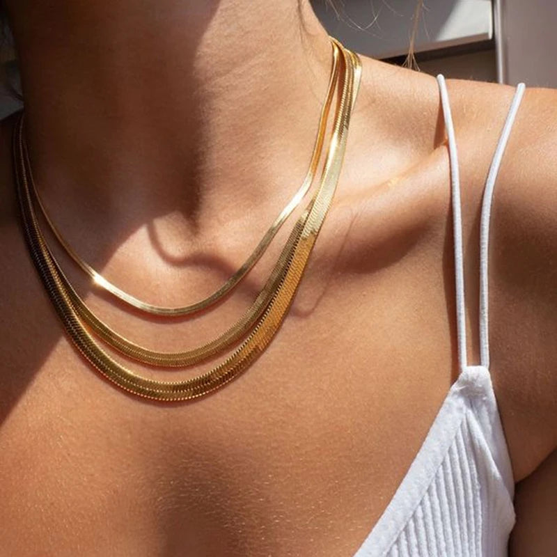 Heiße klassische Unisex flache Schlangenkette Halsband Halskette für Frauen Edelstahl Fischgrätenmuster Gold Silber Farbe Modeschmuck Geschenk
