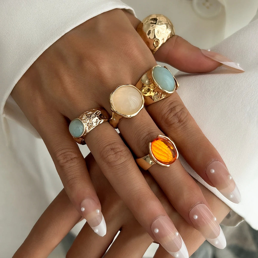 Vintage Boho Ring-Set (5-teilig) – Offene Metallringe mit Acryl
