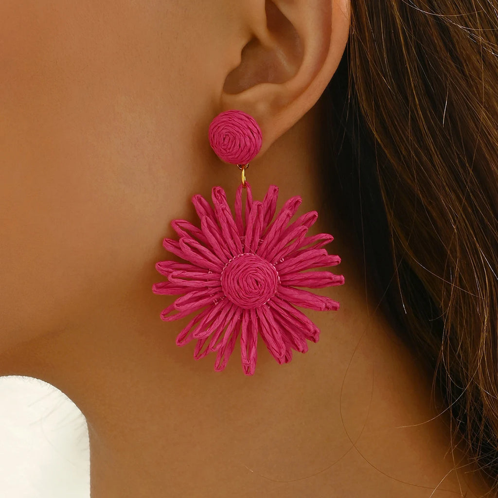 Bunte Sonnenblumen-Ohrringe für Frauen und Mädchen, handgefertigt, böhmische Rattan-Strickohrringe, Sommer-Party-Schmuck, Geschenke