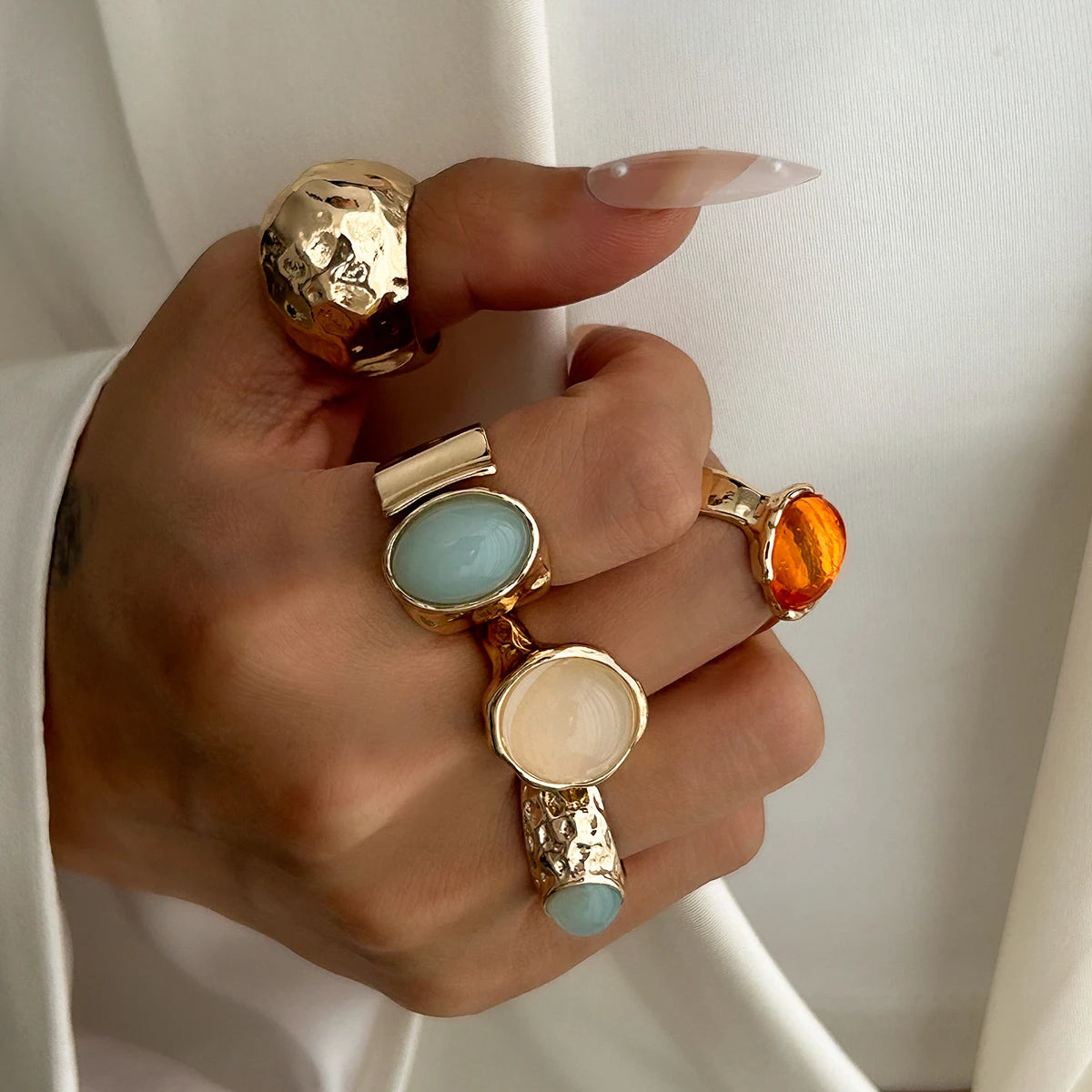 Vintage Boho Ring-Set (5-teilig) – Offene Metallringe mit Acryl