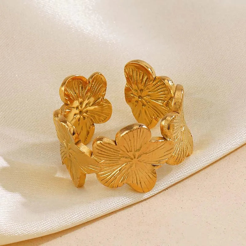 Elegante Edelstahl-Ringe mit großer Blüte für Frauen, 18 Karat Gold, PVD-beschichtet, offener Ring, Fingerschmuck, Hochzeit, ihr Geschenk, Punk