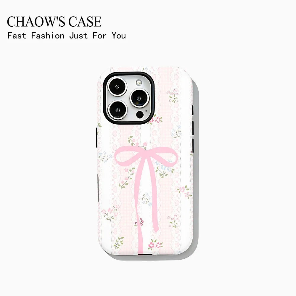 Modische, exquisite Handyhülle mit Schleife und Polka Dots für iPhone 17 16 15 14 13 12 11 Pro Max Air Plus – Luxuriöse doppellagige Rückabdeckung