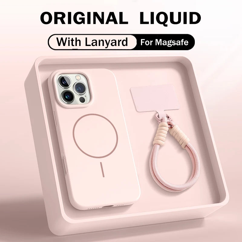 Offizielle Flüssigsilikon-Lanyard-Schutzhülle für iPhone 17, Air 16, 16E, 14, 15 Plus 12, 13, 11 Pro Max, für Magsafe Magneitc Soft Cover