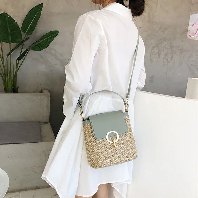 Strand Dame Reise Geldbörsen und Handtaschen Casual Ketten Stroh Eimer Taschen Frauen Sommer Umhängetasche Rattan Taschen Schulter Tasche Bolsa