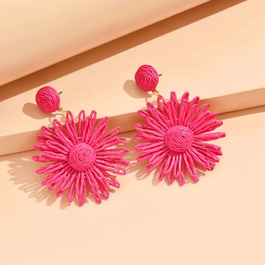 Bunte Sonnenblumen-Ohrringe für Frauen und Mädchen, handgefertigt, böhmische Rattan-Strickohrringe, Sommer-Party-Schmuck, Geschenke