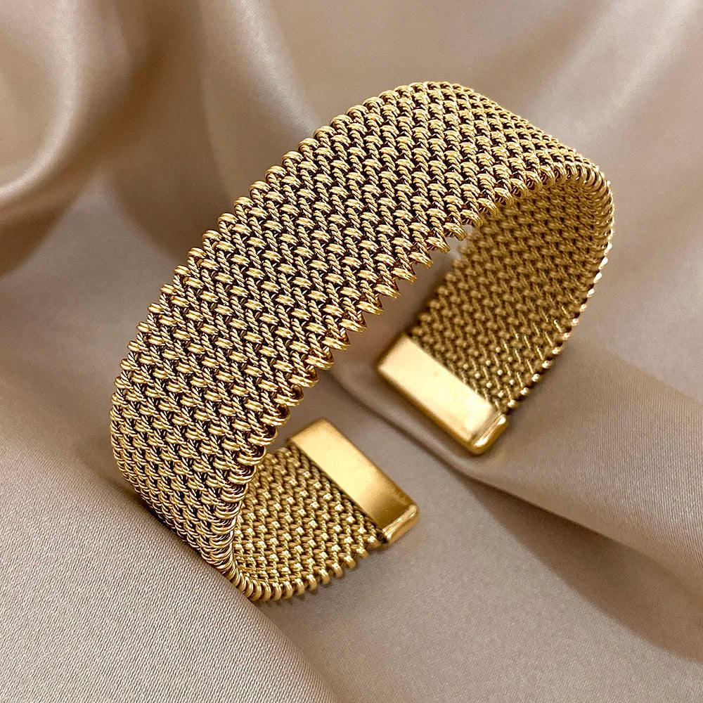 Vintage-Webart, goldene Manschettenarmbänder für Frauen, elegant, trendig, Edelstahl, klobiges Armband, Armreif, wasserdicht, Schmuck, Geschenke