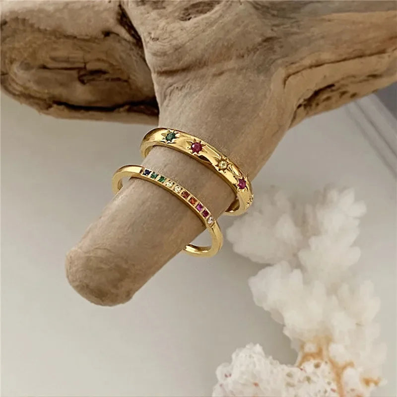 2 Teile/satz Edelstahl Regenbogen Farbe Kubikzircon Stein Finger Ringe für Frauen INS Gold Farbe Wasserdicht Sterne Ring Schmuck