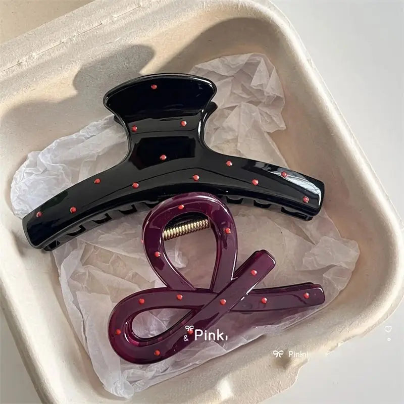 2-teiliges Vintage Haarclip-Set – Blau Polka Dots & Rote Schleife | Koreanische Haarspangen für Damen