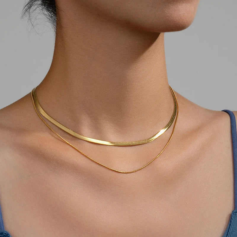 Heiße klassische Unisex flache Schlangenkette Halsband Halskette für Frauen Edelstahl Fischgrätenmuster Gold Silber Farbe Modeschmuck Geschenk