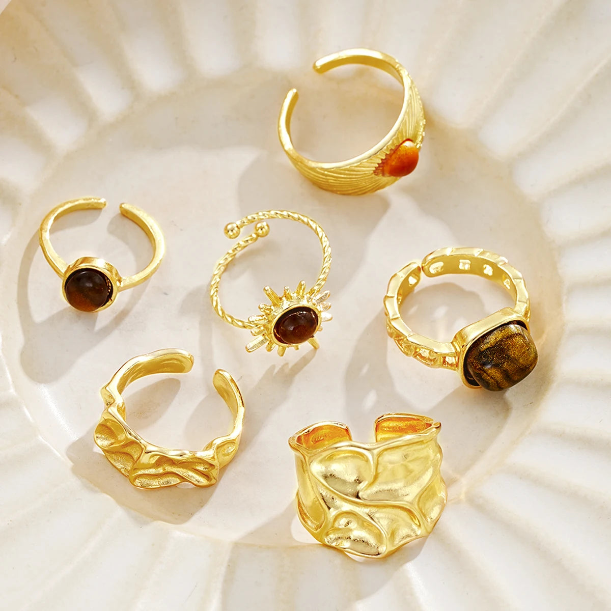 6 Teile/satz Vintage Sonne Blume Tigerauge Stein Ringe für Frauen Unregelmäßige Gold Farbe Ästhetischen Offene Ringe Mode Schmuck Geschenke 2025