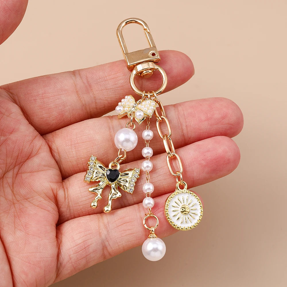 Süße Schleife Liebe Herz Schlüsselanhänger Kristall Perle Schlüsselanhänger Anhänger für Frauen Mädchen Handtasche Dekor DIY handgemachte Schlüsselanhänger Geschenke