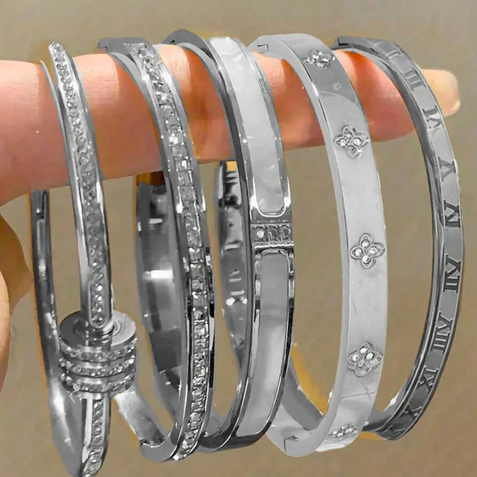 ZAKOL 5/1 Stück funkelndes Edelstahl-Armband-Set mit Zirkonia-Intarsien für Damen, stapelbare Armreifen, modisch, lichtecht, Schmuck, Geschenk