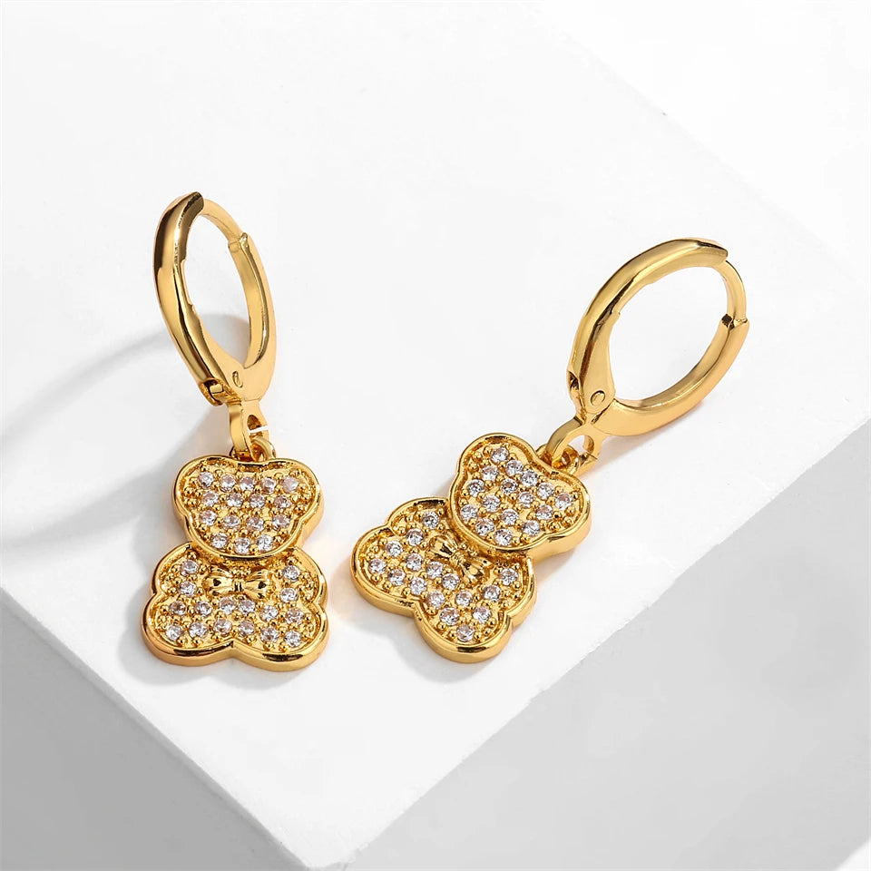 ZAKOL Glänzende Zirkon Teddybär Charm Tropfen Creolen für Frauen Mädchen Geometrische Chinesischen Stil Ohr Zubehör Schmuck Geschenk