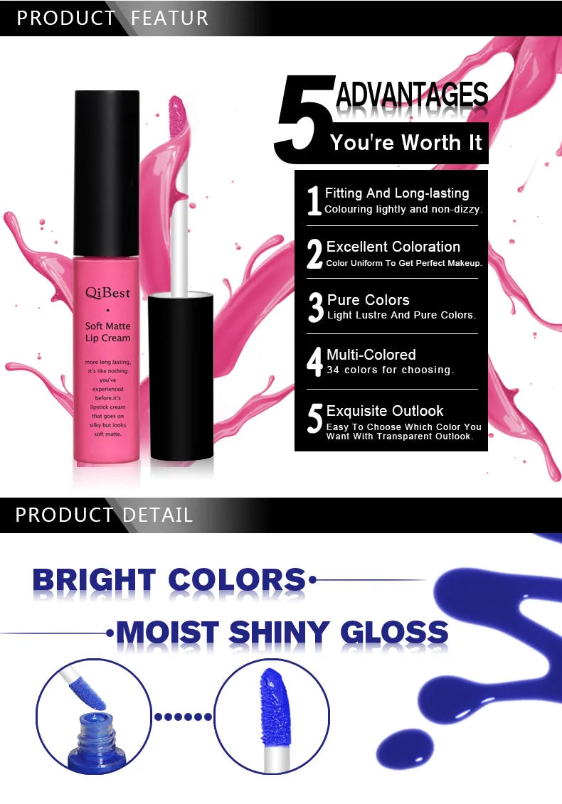 QIBEST Sexy Samt Matte Lip Gloss Flüssigen Lippenstift Lipgloss Schönheit Rot Nude Wasserdicht Langlebig Lip Stain Make-Up Für Frauen