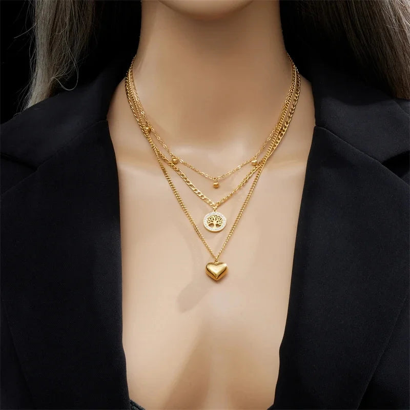3PCS Set Herz Baum Anhänger Halskette Armband Ohrring Set Vergoldung Großes Herz Anhänger Glück Baum Kristall Schmuck Set
