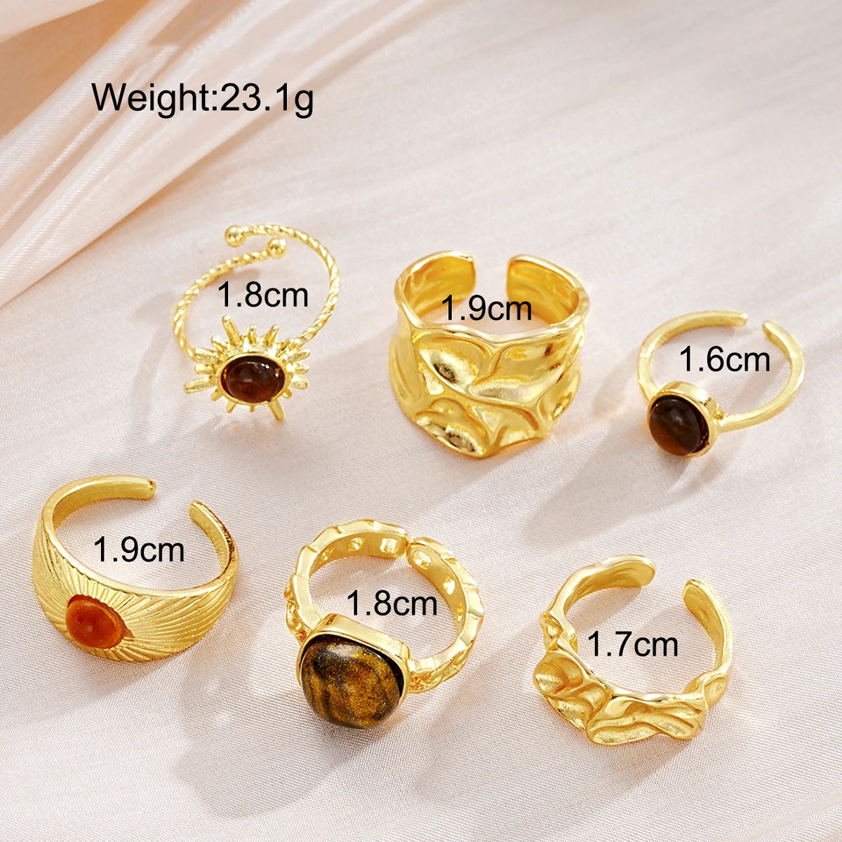 6 Teile/satz Vintage Sonne Blume Tigerauge Stein Ringe für Frauen Unregelmäßige Gold Farbe Ästhetischen Offene Ringe Mode Schmuck Geschenke 2025