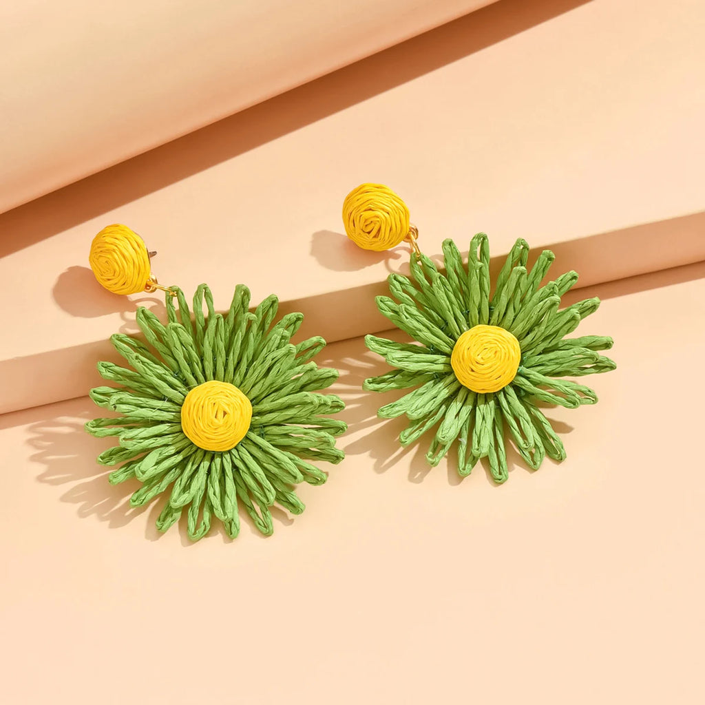 Bunte Sonnenblumen-Ohrringe für Frauen und Mädchen, handgefertigt, böhmische Rattan-Strickohrringe, Sommer-Party-Schmuck, Geschenke